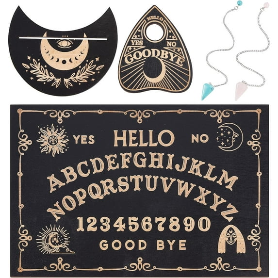 5Pcs Spirit Board Kit Tarot Card Holder Stand Pendulum Board Wooden Talking Boards with Planchette Dowsing Divination 2Pcs Crystal Pendulum for Witch Wicca Pagan Gift Black 1.8x7.8Inch-Moon DIY