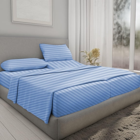 5Pcs Split Sheet Set Split King Size Sheets 100% Egyptian Cotton 800 Thread Count upto 21" inch Deep Pocket Adjustable Bed Sheets, Light Blue Stripe