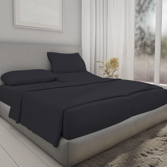 5Pcs Split Sheet Set Split Queen Size Sheets 100% Egyptian Cotton 800 Thread Count upto 12" inch Deep Pocket Adjustable Bed Sheets, Black Solid