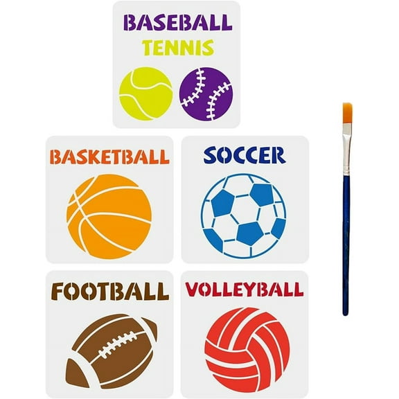 5Pcs Sports Ball Reusable Painting Stencil Template with Paint Brush DIY Decor Wood Signs Walls Bags 11.8×11.8inch
