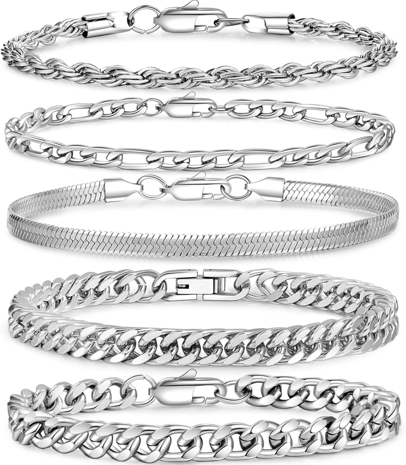 5Pcs Stainless Steel Bracelets For Men Sturdy Mens Chain Bracelet Carb