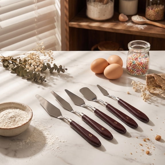 5Pcs Stainless Steel Cake Palette Knife Set with Wooden Handle, Multi Size Offset Icing Spatula Kit, Professional Baking Decorating Scraper Tools for Cream Frosting Fondant Pastry