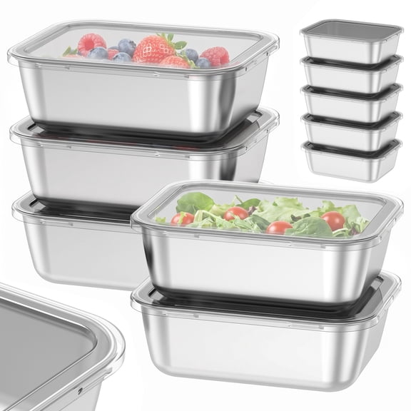 5Pcs Stainless Steel Food Container with Clear Lid 20 Oz Airtight Leakproof 304 Stainless Steel Snack Storage Containers Rectangle Shape for Fruits School Travel