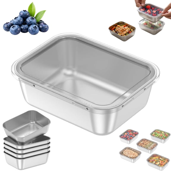 5Pcs Stainless Steel Food Containers with Clear Lids, 20 Oz Airtight Leakproof 304 Stainless Steel Stacking Food Storage Containers, Rectangle Shape Yakumi Pans for Fruits School Travel