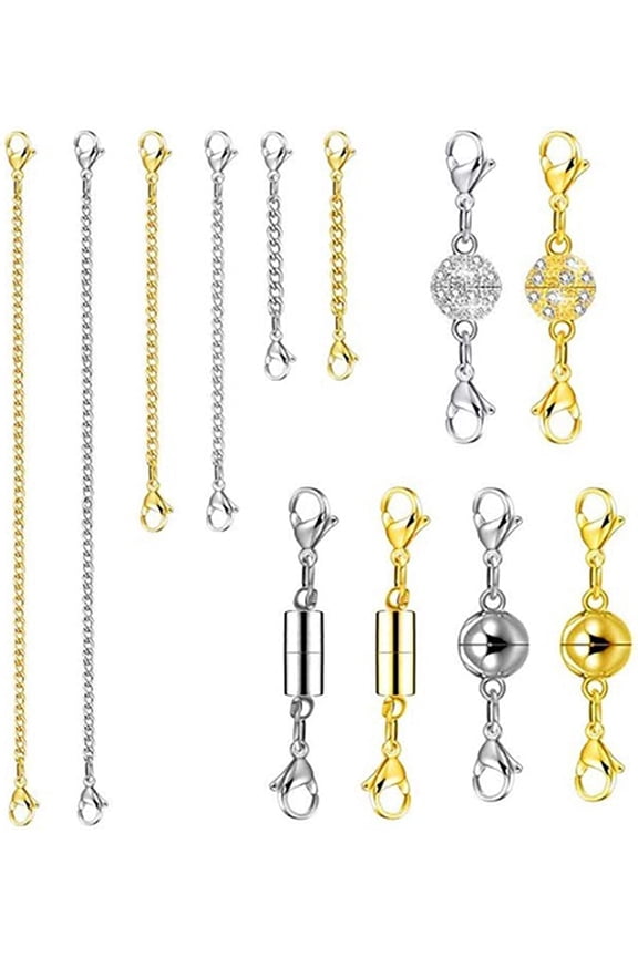 5Pcs Stainless Steel Necklace Bracelet Extender, Double Lobster Clasps Spherical Cylindrical Magnetic Buckle, Crystal Inlaid Link Chain, DIY Handwork Accessory for Women Girls Jewelry