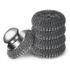 5-Piece Steel Wool Scrubber Set with 4 Replacement Pads, Stainless Steel Scouring Tool with Ergonomic Handle, Heavy-Duty Cleaner for Cast Iron, Pots, Pans, Grill, Stove and Sink