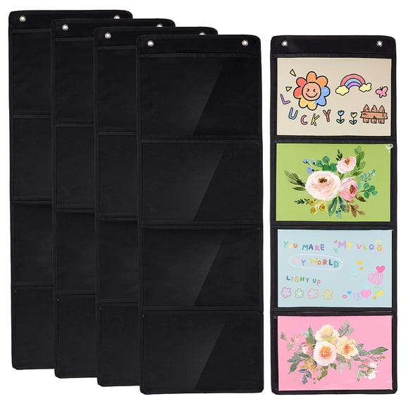 5Pcs Storage Pocket Chart for Classroom Black Rectangle Cloth Hanging Storage Bags with PVC Windows