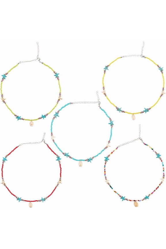 5Pcs Summer Colorful Beaded Necklace Bulk Set Boho Multi Style Starfish Shell Pendant Chokers Chains Adjustable Layered Necklace for Women Fashion Trendy Jewelry Hawaii Beach Gift diy