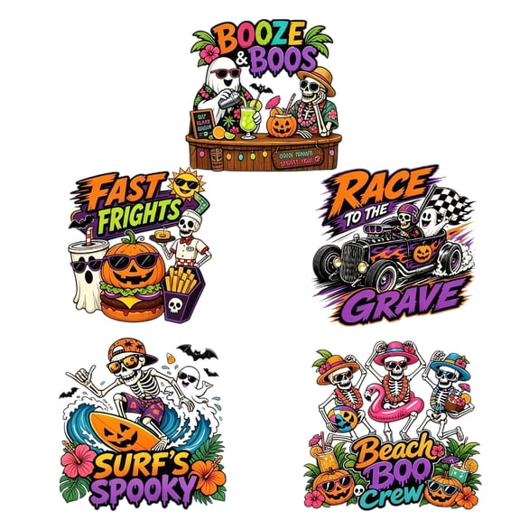 5Pcs Summerween Halloween Stickers Waterproof Vinyl Window Decals for Car Truck SUV Beach Bar Racing Fast Food Party Decor Ghost Skeleton, 8x8in