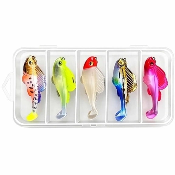 5Pcs T-Tail Soft Lure Set with Storage Box, Bionic Realistic PVC, Fishing Baits Sharp Lead Hook, Anti-Snag Design for Freshwater Brackish Water All Depth Fishing