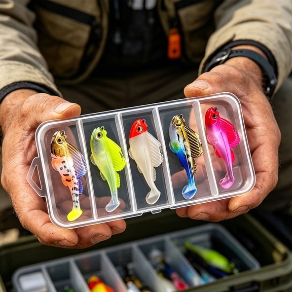 5Pcs T-Tail Soft Lure Set with Storage Box, Bionic Realistic PVC, Fishing Baits Sharp Lead Hook, Anti-Snag Design for Freshwater Brackish Water All Depth Fishing