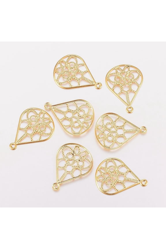 5Pcs Teardrop Pendants 201 Stainless Steel Filigree Pendants Textured Charms with Floral Pattern Golden