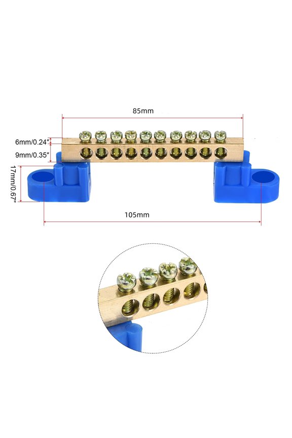 5Pcs Terminal Blocks, Copper Bus Bars (Sizes 4/6/8/10/12), DIY Copper Screw Terminals, and Blue Plastic Base Housing.