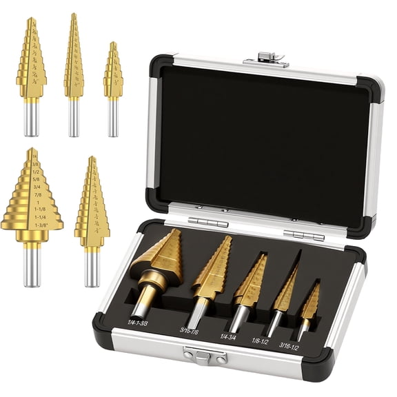 5Pcs Titanium Coated Step Drill Bit Set, 50 Sizes High Speed Steel Cone Drill Bits 3/16" to 1-3/8" for Metal Wood Plastic with Aluminum Storage Case