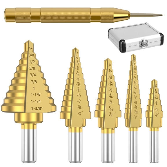 6Pcs Titanium Coated Step Drill Bit Set with Automatic Center Punch, 50 Sizes High Speed Steel Cone Drill Bits 3/16" to 1-3/8" for Metal Wood Plastic with Aluminum Storage Case