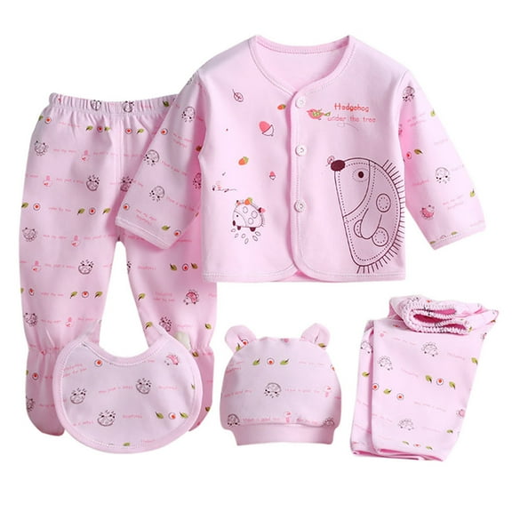 5Pcs Toddler Baby Girls Outfit Sets Long-Sleeved Cartoon Hedgehog Drool Towel Hat Top Pants Set