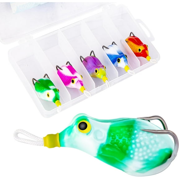 5Pcs Topwater Frog Lures Sets with Bait Box, Frog Lure Ray Frog Topwater Fishing Crankbait Lures, Frog Artificial Soft Bait for Bass Snakehead, Weedless Freshwater Soft Simulated Frog Bait