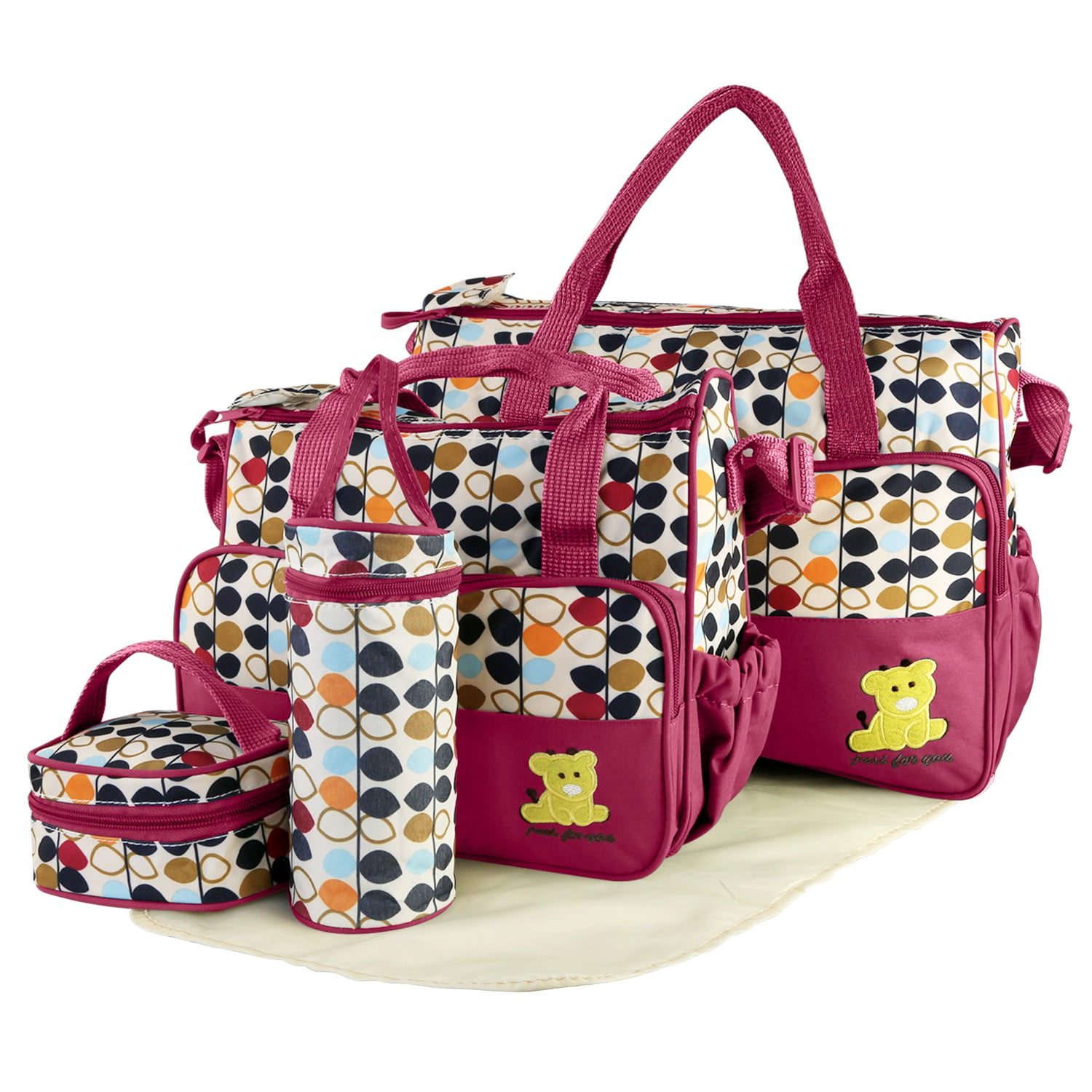 5Pcs Tote Diaper Bag TeqHome Nappy Changing Bag Adjustable Shoulder Strap Mummy Bag with Bottle Holder Red
