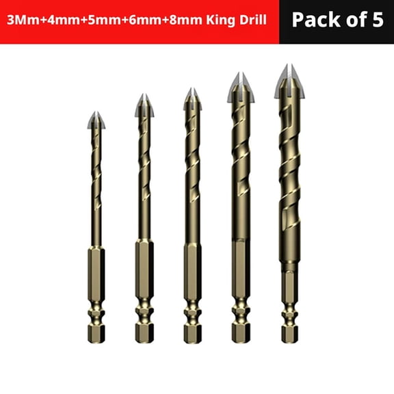 5Pcs Tungsten Carbide Cross Hex Drill Bit Set for Tile & Glass - Capable of U-Type Groove Chip Removal & Dry Drilling - Heavy Duty Multi-Material Bits for Precise Holes