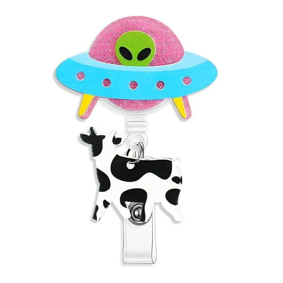 5Pcs Ufo Cow Abduction Badge! Uscallm Ufo Cow Abduction Badge Reel, Alien Spaceship ID Badge Holder For Work, Viral Aesthetic Office Accessory, Funny Cow Abduction Lanyard Reel For Nurses Teachers