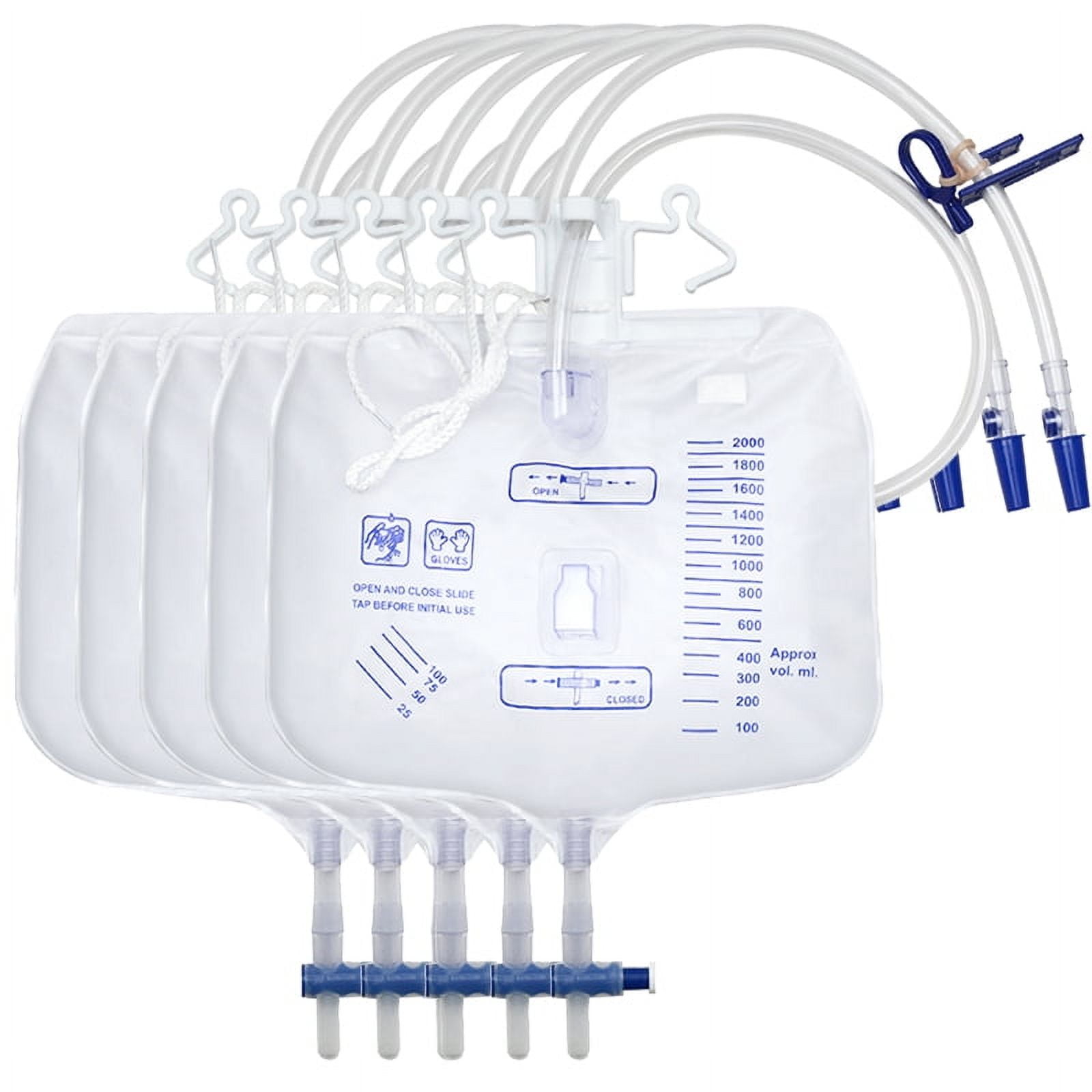 5Pcs Urine Drainage Bags, 2000ml Capacity Leg Bag Urine Collection Bag with Tubing, Anti-Reflux Valve