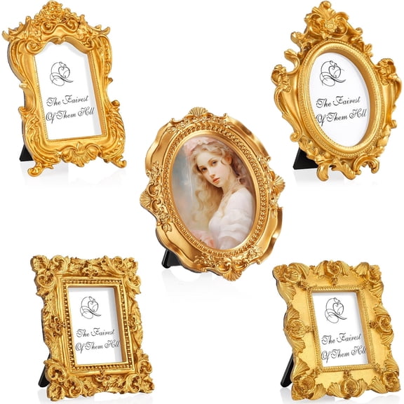 5Pcs Vintage Picture Frames with Stands Tiny Antique Photo Baroque Ornate Resin Oval Rectangle Frame Table Top Display Home Wedding Decor