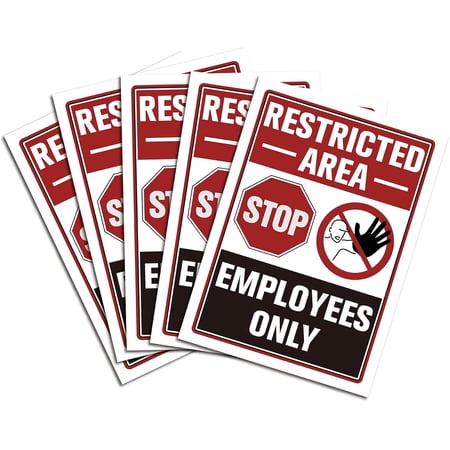 5Pcs Warning Sign Stickers Stop Employees ONLY Restricted Area Sign Vinyl PVC Rectangle Self Adhesive Waterproof Symbol Stickers Decals 250x175mm for Outdoor Indoor Decor Caution Mixed Color