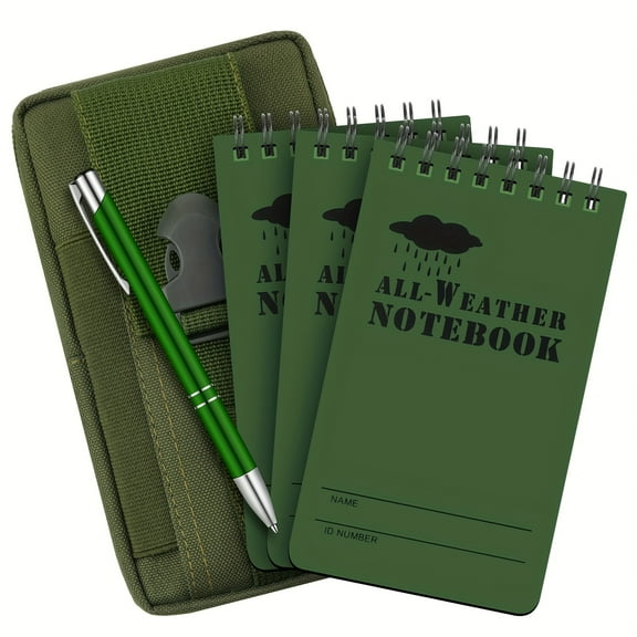 5Pcs Waterproof Notebook and Pen Set - 3x5 Inch Army Green Pocket Tactical Notebook with Metal Weatherproof Pen & Fabric Cover for Outdoor Activities Recording