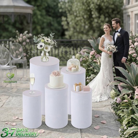 5Pcs White Round Cylinder Pedestal Stands Cake Flower Display Risers for Wedding Birthday Party, Acrylic PVC Cylinder Stands 72.75LB Capacity, For Wedding Cake, Dessert, Flower, Gift Display, Decor
