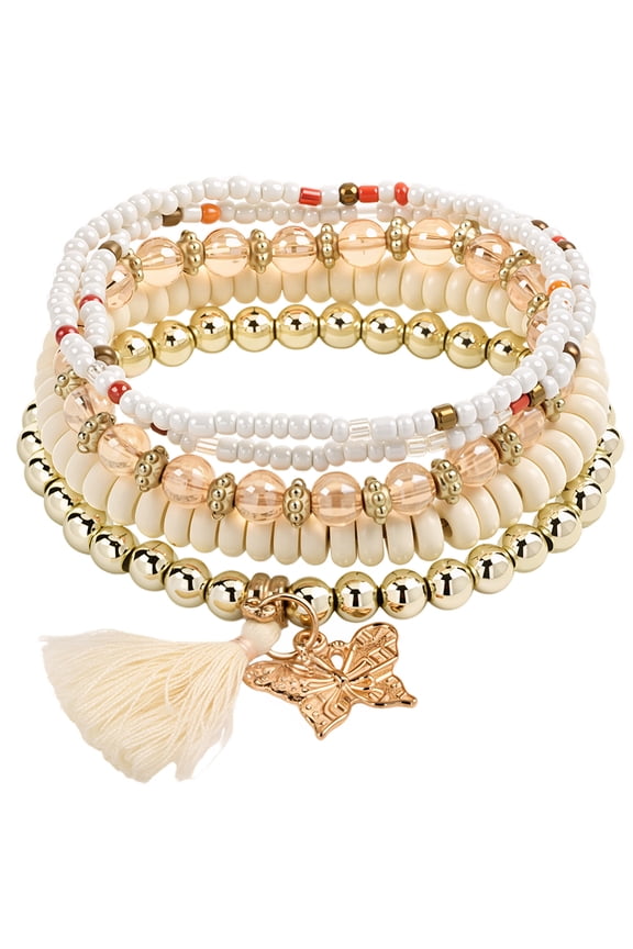 5Pcs White Stackable Beaded Bracelets Boho Summer Bracelet Stack Chic Butterfly Stretch Pendant Seed Beads Tassel Style Charms Jewelry Decorations for Beach Party Supplies Women DIY