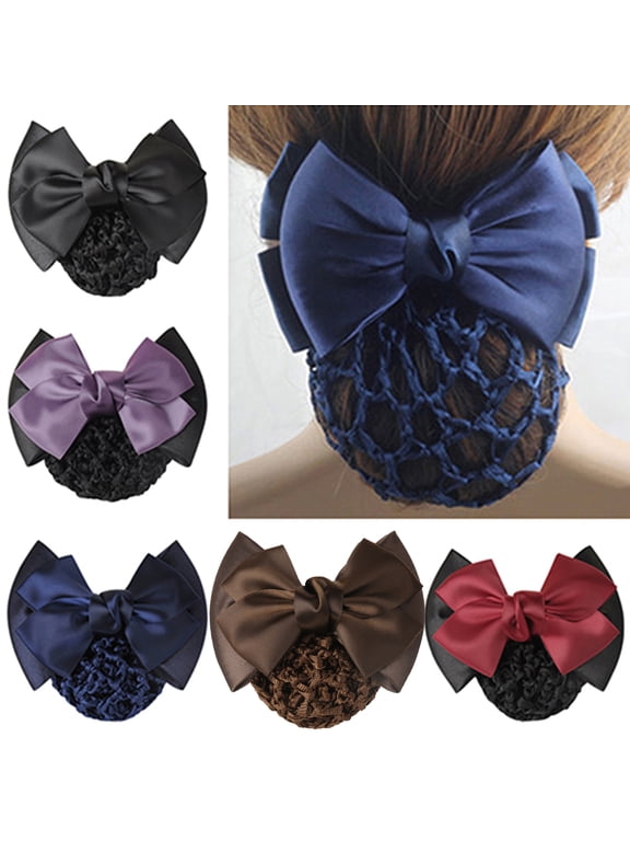 5Pcs Women Hair Snood Net Bun Cover Knit Hairnet Bow Bowknot Decor Barrette Hair Clip for Women Mesh Work Hairnets