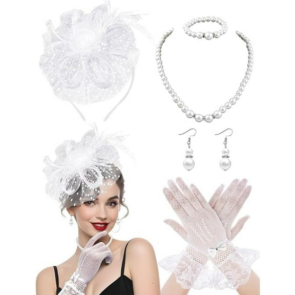 5Pcs Women's Elegant Fascinator Set with Pearl Earrings & Lace Gloves, Veil Mesh Headpiece and Jewelry for Tea Party, Wedding, Derby Day