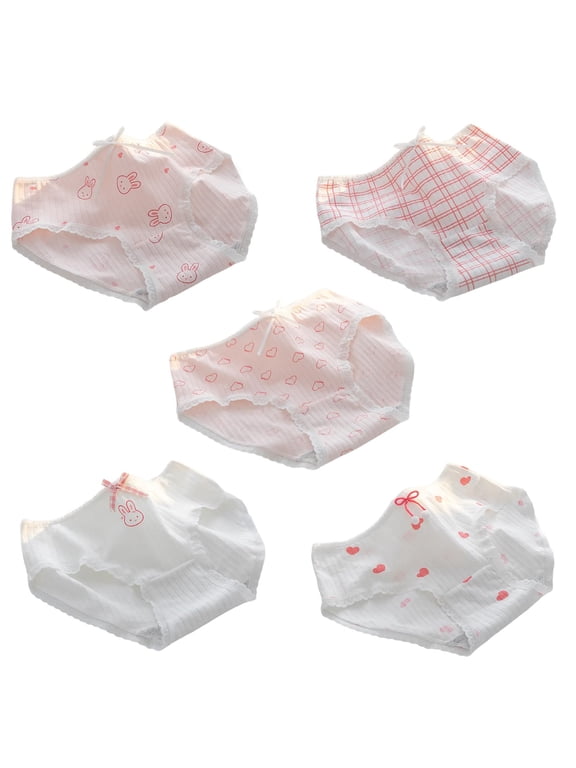 5Pcs Women's Lovely Rabbits Heart Patterned Panties Underwear Elegant Bowknot Cotton Briefs Elegant Lace Trim Underpants