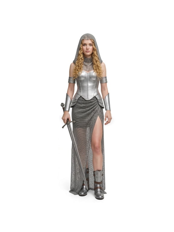 5Pcs Women's Medieval Knight Costume, Chainmail Armor Dress with Hood & Arm Guards for Halloween Cosplay
