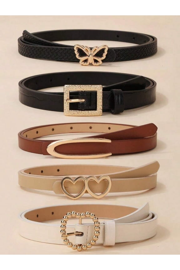 5Pcs Women's PU Leather Belt Set, Multi-Color with Butterfly & Heart Buckles