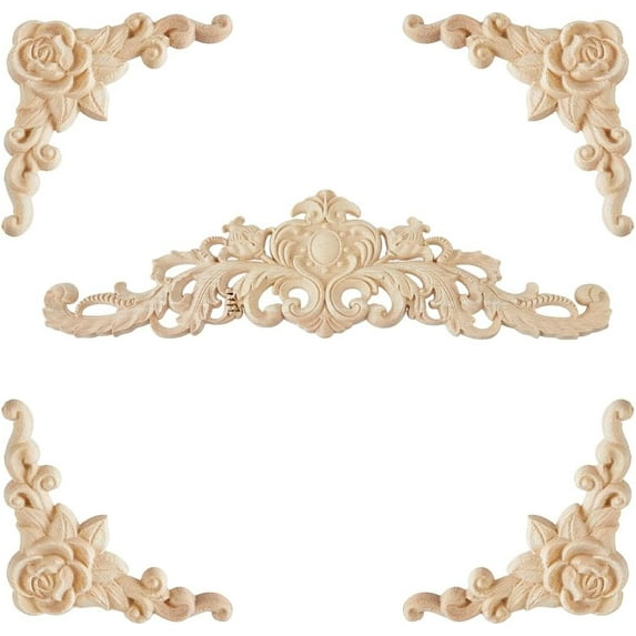 5Pcs Wood Carved Onlay Appliques Flower Long Wood Applique Unpainted Wooden Carving Decals Wall Decorative Corner for DIY Furniture Wedding Decor Mirror Mantel Door Bed Burlywood DIY