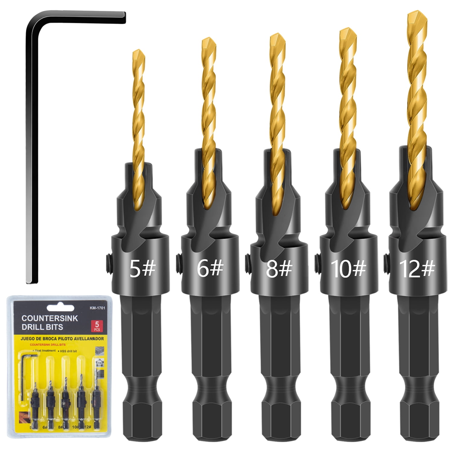 5Pcs Countersink Drill Bit #5, #6, #8, #10, #12, Tapered Woodworking Hole Opener Set with Hex Key Conical Hole Drilling Hardware Tools for Home and Outdoors