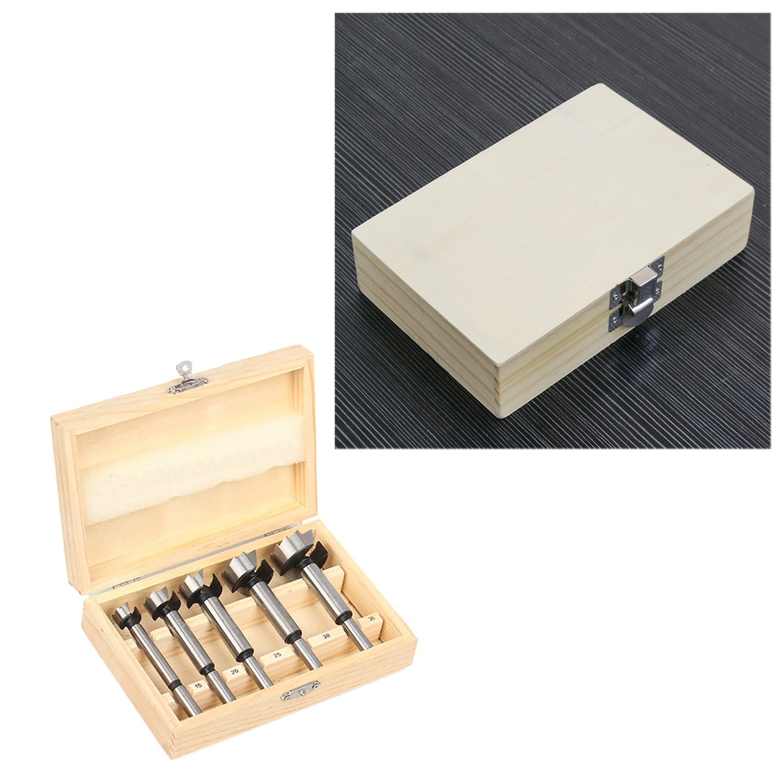5Pcs Wood Drilling bits Forstner Drill bits (Ø15/20/25/30/35mm) Set Round Shank with Wooden Storage Box