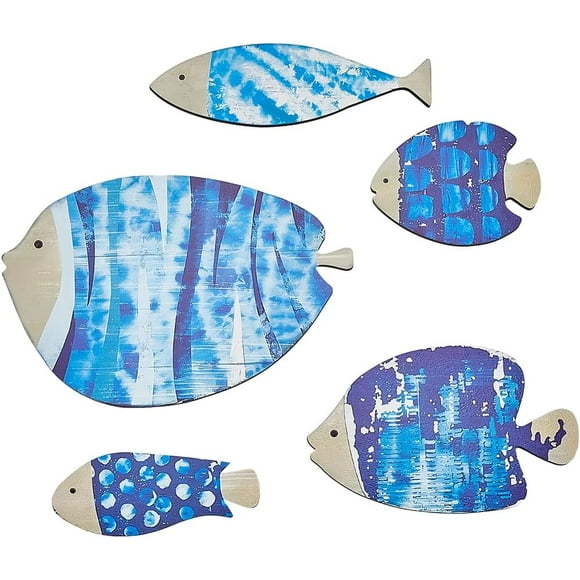 5Pcs Wood Fish Wall Decor Nautical Beach Decor Wooden Coastal Ocean Wall Art Vintage Dodger Blue Fish Wall Hanging Sculptures Ornaments with Stickers for Home Lake House Bathroom