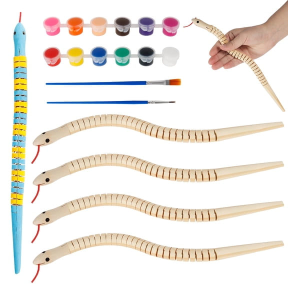 5Pcs Wood Unfinished Snake Set Creative Blank Wiggly Snake Model Craft Set with Paint and Brush Wooden Paintable Animal DIY Craft for Children Party