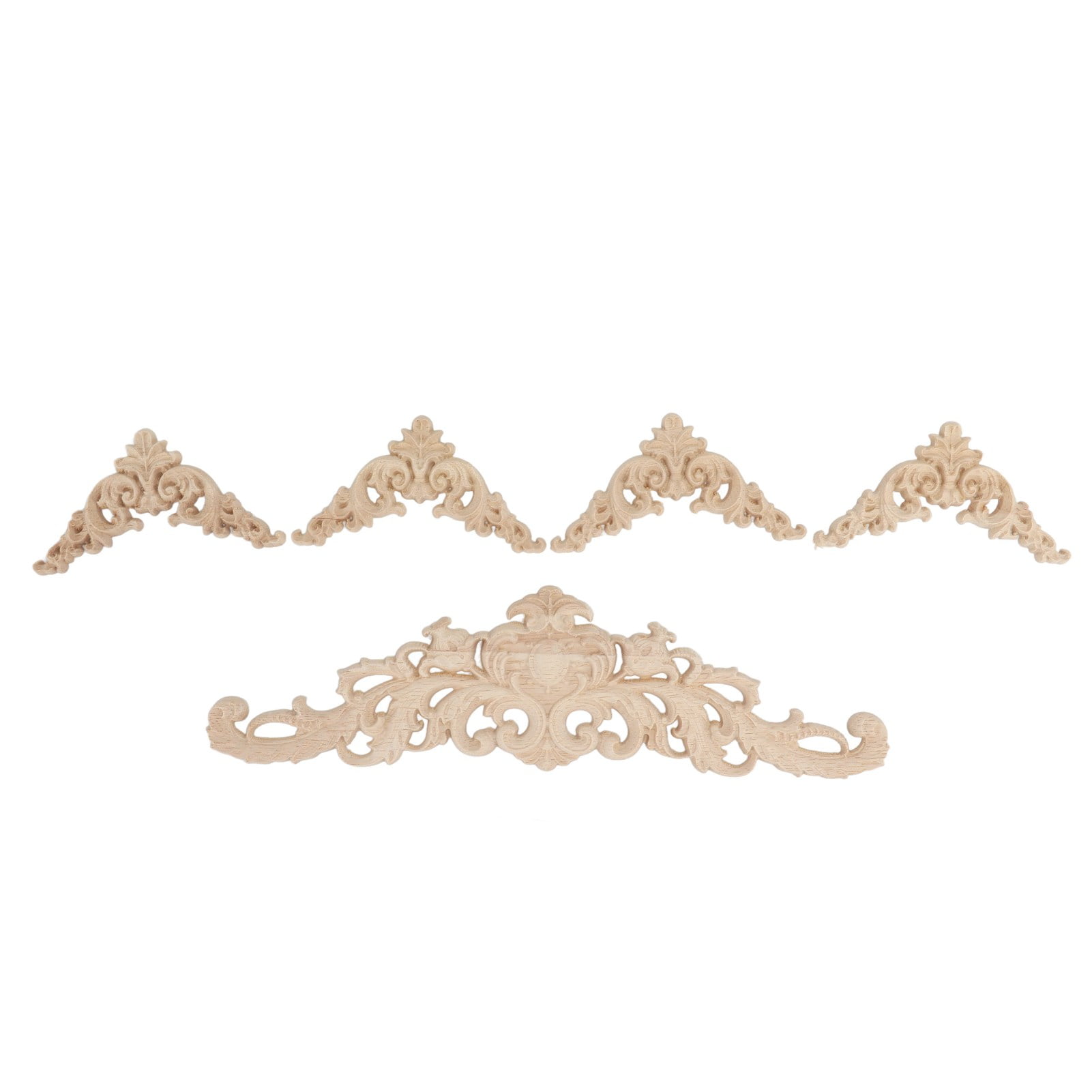 5Pcs Wooden Appliques Onlays Rubber Wood Carved 4 Corner Onlays and 1