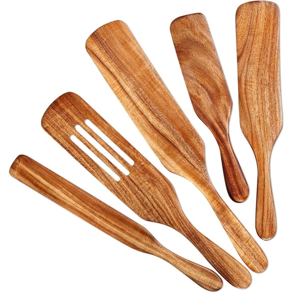 5Pcs Wooden Spurtle Set, Natural Acacia Wood Kitchen Utensils Set for Cooking, S