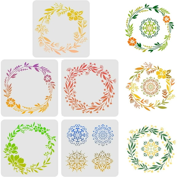 5Pcs Wreath Drawing Painting Stencils Templates (11.8x11.8inch) Plastic Anadem Stencils Decoration Square Flower Stencils for DIY