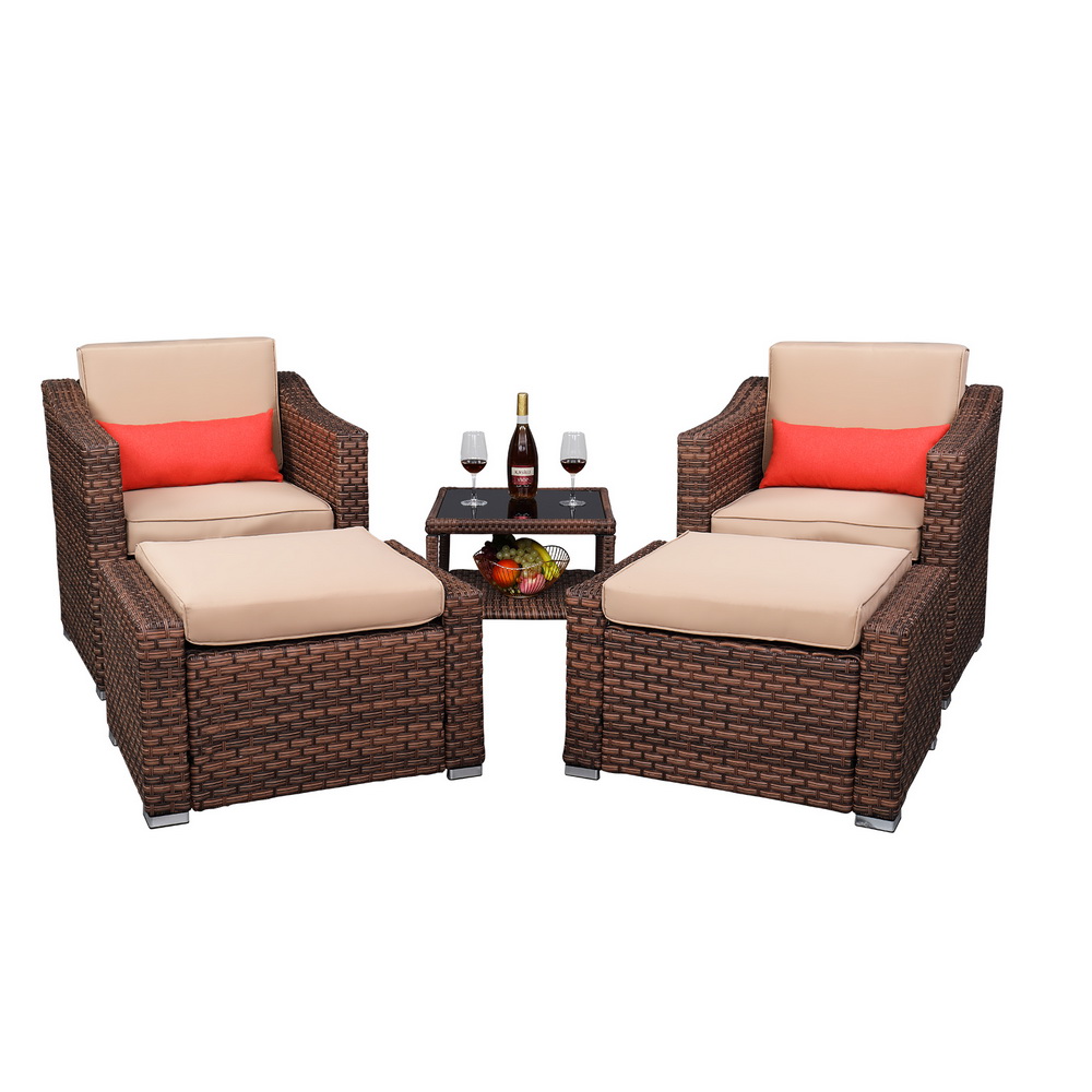 5Piece Wicker Patio Chair with Ottoman Set, BTMWAY Brown Cushioned Bistro Patio Set Rattan Deck Chair with Side Table, Cushioned Outdoor Furniture Set for Patio Porch, R230 - image 1 of 10