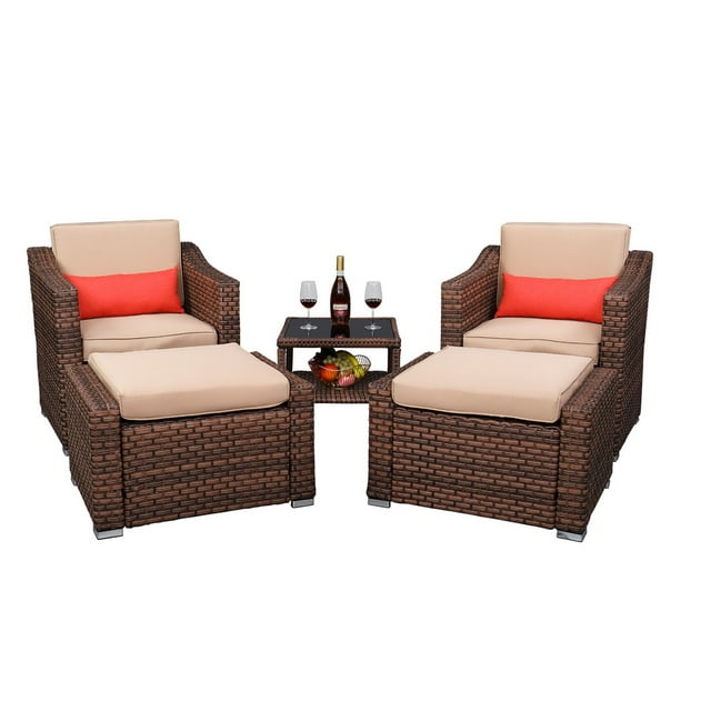 5Piece Wicker Patio Chair with Ottoman Set, BTMWAY Brown Cushioned Bistro Patio Set Rattan Deck Chair with Side Table, Cushioned Outdoor Furniture Set for Patio Porch, R230