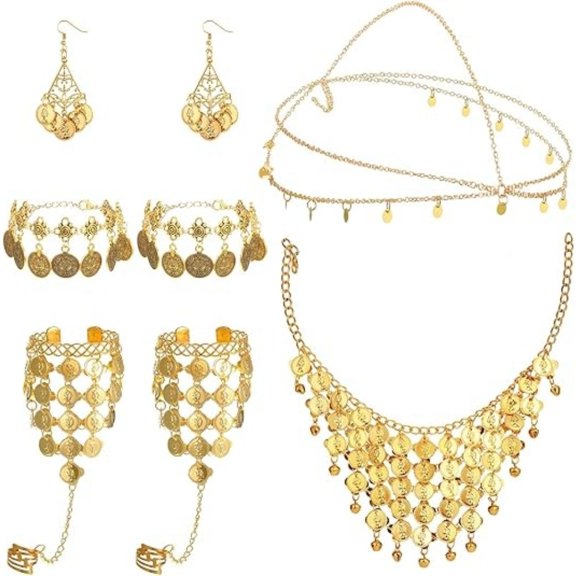 5Pieces Belly Dance Jewelry Set Gold Coins Sequins Full Body Chain Kit, Adjustable Bohemian Tassel Necklace Earrings Anklets for Women, Perfect for Stage Performance   Party