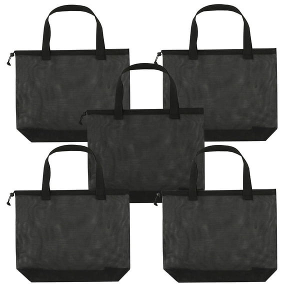 5Pieces Reusable Mesh Beach Tote Bags ,Mesh Pool Bag With Drawstring For Groceries, Travel,Toys & Laundry