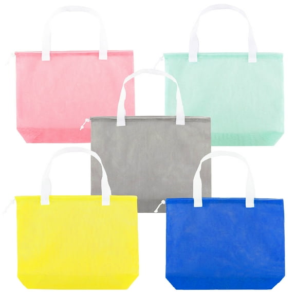 5Pieces Reusable Mesh Beach Tote Bags ,Mesh Pool Bag With Drawstring For Groceries, Travel,Toys & Laundry