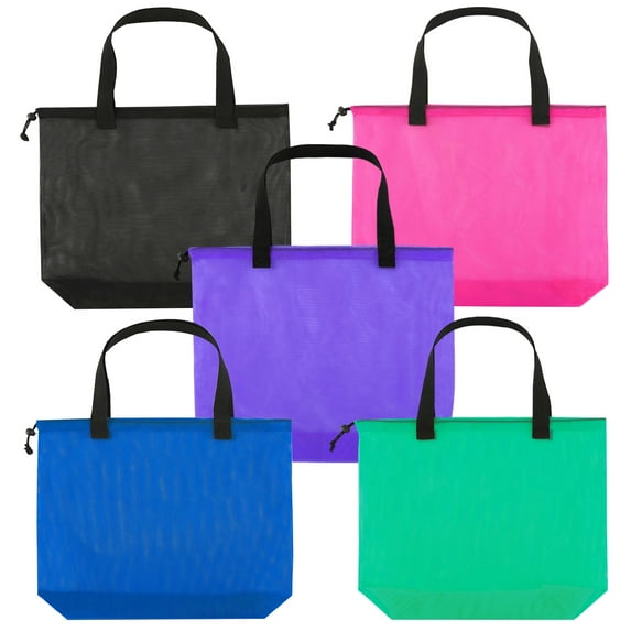 5Pieces Reusable Mesh Beach Tote Bags ,Mesh Pool Bag With Drawstring For Groceries, Travel,Toys & Laundry