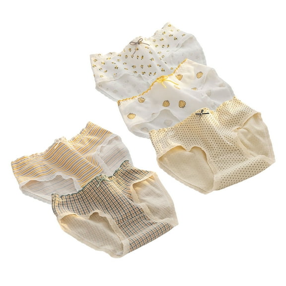 5Pieces Women's Floral Strawberry Print Cotton Underwear Middle Waist Lace Trim Briefs Aesthetic Ribbed Panties Hipsters